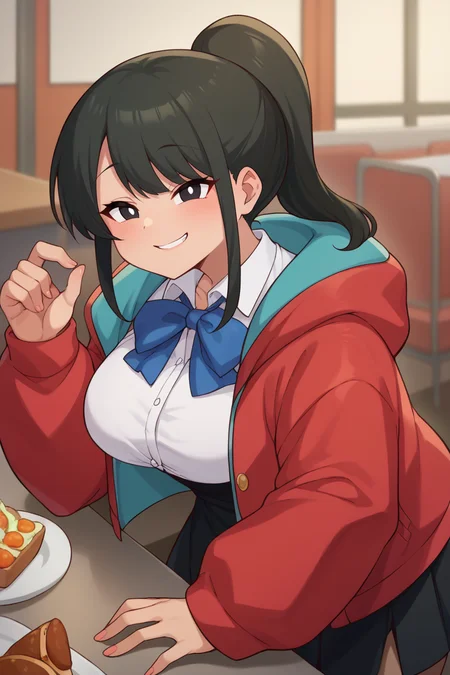 score_9, score_8_up, score_7_up, BREAK, <lora:manyakis-guy-PONYv1:1>, 1girl, solo, breasts,  <lora:yorumac_girlfriend_ponyXL:0.95> mcdgirlfriend, ponytail, red jacket, collared shirt, blue bow, black skirt, indoors, restaurant, pov across table,