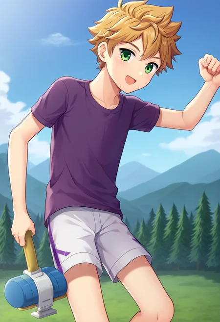 connor, blond hair, bangs. green eyes, short hair, camp buddy, boy, wear dark purple shirt, solo, young, white shorts, outdoor, sunny day, clear sky, proportional body, (balance body:1.20), strong leg, handfixer