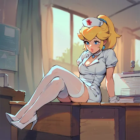 score_9, score_8_up, score_7_up,score_5_up, score_4_up (Source cartoon), (rating questionable, <lora:PrincessPeachXL:0.9>, 1girl, blonde hair, blue eyes, parted lips, princess peach sitting at a desk, white high heels, wearing nurses outfit, clinic, indoors, ponytail. nurse cap, white stockings,