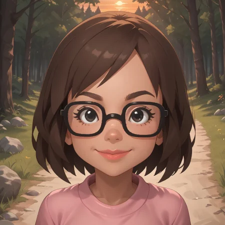 score_9, score_8, BREAK, solo, wii, mii, wii sports, 1girl, female mii, brown hair, black eyes, brown eyebrows, glasses, lips, pink clothing, white pants, sandals, breasts, nintendo mii, modern_mii, classic_mii, Cattebeke_(OC_Mii), cute, dark skin, sexy pose, self portrait, smile, outdoors, sunlight, shadows, evening lighting, natural lighting, forest, trees, grass, orange sky, sunset