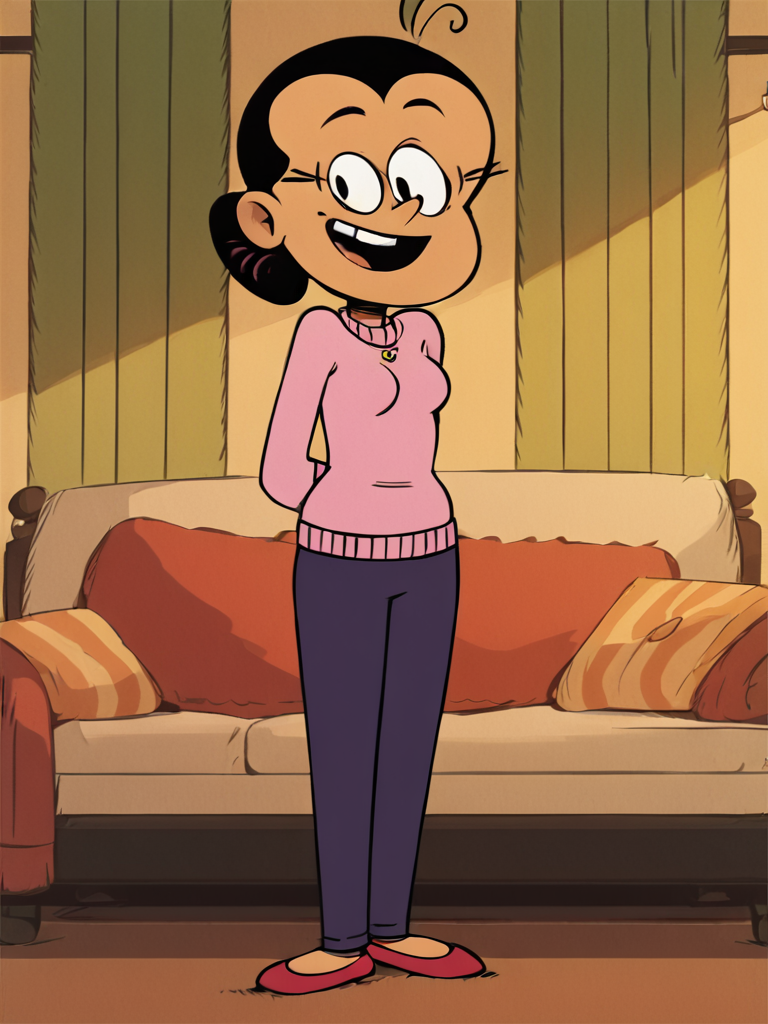 maria, solo, black hair, ahoge, 1girl, hair bun, pink sweater, purple pants,red footwear, score_9, score_8_up, score_7_up, score_6_up, score_5_up, score_4_up, looking at viewer, indoors, curtains, <lora:MariaSantiagoPony1.0:1> smile, open mouth, arms behind back,