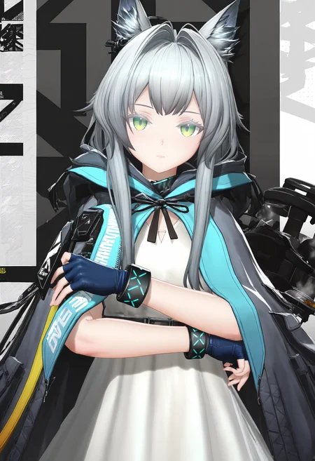 rosmontis \(arknights\),1girl,animal ear fluff,animal ears,black ribbon,blue gloves,bracelet,cat ears,cloak,closed mouth,crossed arms,dress,fingerless gloves,gloves,green eyes,grey hair,hair intakes,hood,hood down,hooded cloak,infection monitor \(arknights\),jewelry,long hair,looking at viewer,ribbon,sidelocks,smoke,solo,upper body,white dress,
endfieldstyle,3D,<lora:endfieldstyle-000014:1>,