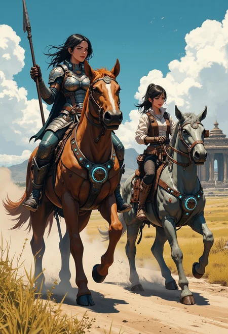 Anime, Mongol warriors , drawing. This is a detailed anime illustration in a fusion of cyberpunk and fantasy style. The image shows two people driving down a dirt road in a rural area. The Mongolian woman on the left is sitting on a brown horse sculpture and is wearing armor with flashing lights. She is somewhat beautiful and has a muscular body. Her armor is detailed, has intricate patterns and a metallic sheen. In her right hand she holds a spear, which is slightly raised.
The Mongolian woman on the right is seated on a smaller horse. She is dressed in 20th century attire. She is beautiful, in a punk rock style and has a cheerful expression on her face. She is also wearing a vest with ammunition pouches. The horse sculpture is grayish rust colored, with a pair of glowing blue mechanical eyes.
The background shows a partly cloudy sky with patches of blue and gray, suggesting a partly sunny day. An ancient temple can be seen in the distance, which appears old and abandoned.