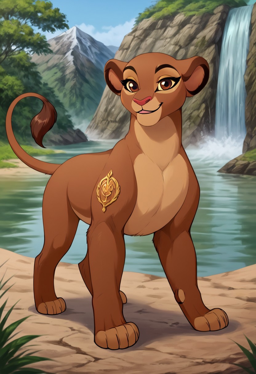 score_9, score_8_up, score_7_up, by reallynxgirl,  BREAK, solo, rani, lioness, ((feral)), female lion, fullbody,  brown body, reddish brown eyes, smiling, seductive pose, detailed background,  (seductive pose:1.2), (raised tail:1.6), lake, waterfall background, detailed background, front view, (seductive face), (teasing), (looking at viewer)