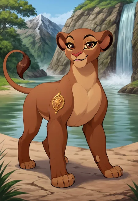 score_9, score_8_up, score_7_up, by reallynxgirl,  BREAK, solo, rani, lioness, ((feral)), female lion, fullbody,  brown body, reddish brown eyes, smiling, seductive pose, detailed background,  (seductive pose:1.2), (raised tail:1.6), lake, waterfall background, detailed background, front view, (seductive face), (teasing), (looking at viewer)
