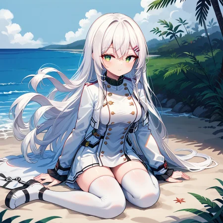 outdoors, sit down, green eyes, beach, thighhighs, half eye closed, white haired girl, strip hair clips, casual outfit,full body shot