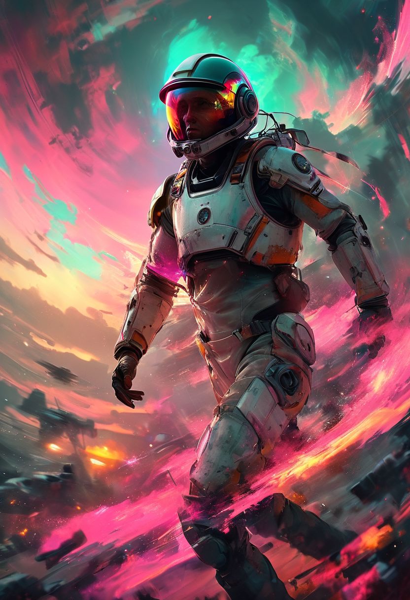 (Glitch, real life, woman next to a river in space, space helmet with clear visor, future war, spaceship in the background sky, crowd in the background, beautiful sunset afterglow environment, jarring optical effect, layered effects, dark shadows, hazy, grainy:1.2), (floating above pov, a woman looking shocked, caped crusader, muted pastel natural colors, HDR, 5mm:1.2), (art by (Marcel Marlier:1.1) and (John Sibbick:1.2)), Explosion Artstyle