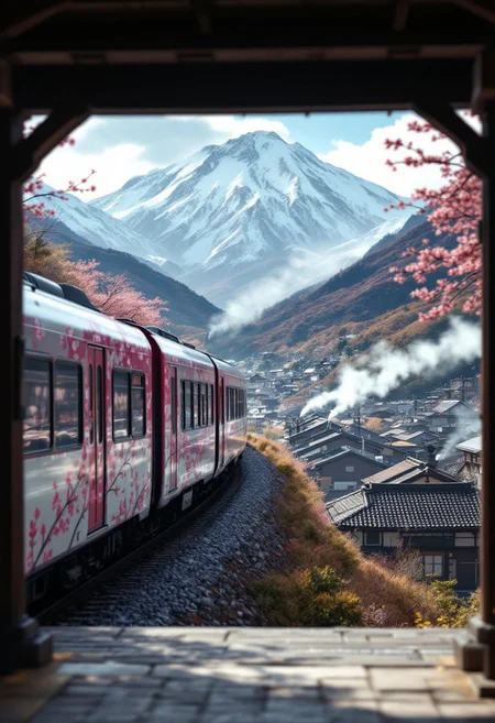 A serene Japanese commuter train, wrapped in vibrant cherry blossom decals, smoothly tracks along the edge of a peaceful train station, framed against a stunning backdrop of snow-capped mountains and rolling hills blanketed with lush greenery. The scene unfolds as the camera pans out, revealing a tranquil expanse of traditional villages, their rustic rooftops emitting wispy smoke.