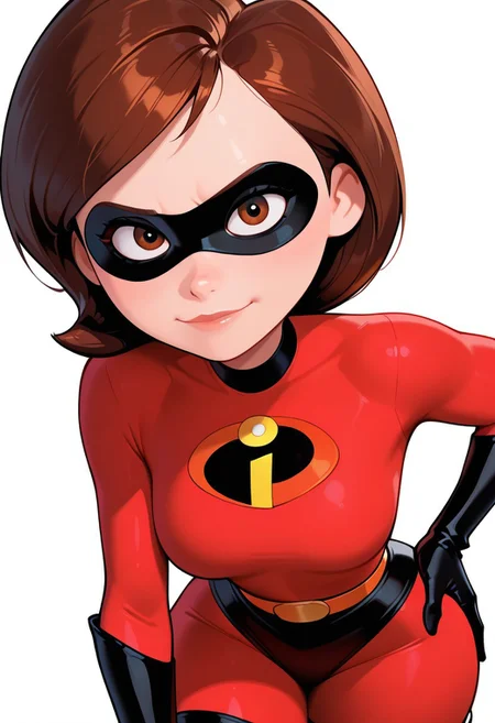 masterpiece, best quality, absurdres, 1girl, helenp, helen parr, elastigirl, brown hair, brown eyes, domino mask, mask, red bodysuit, black highleg shorts, orange belt, black elbow gloves, black thigh boots, wide hips, medium breasts, looking at viewer, standing, hand on hip, portrait, looking at the viewer, (simple white background:1.6)