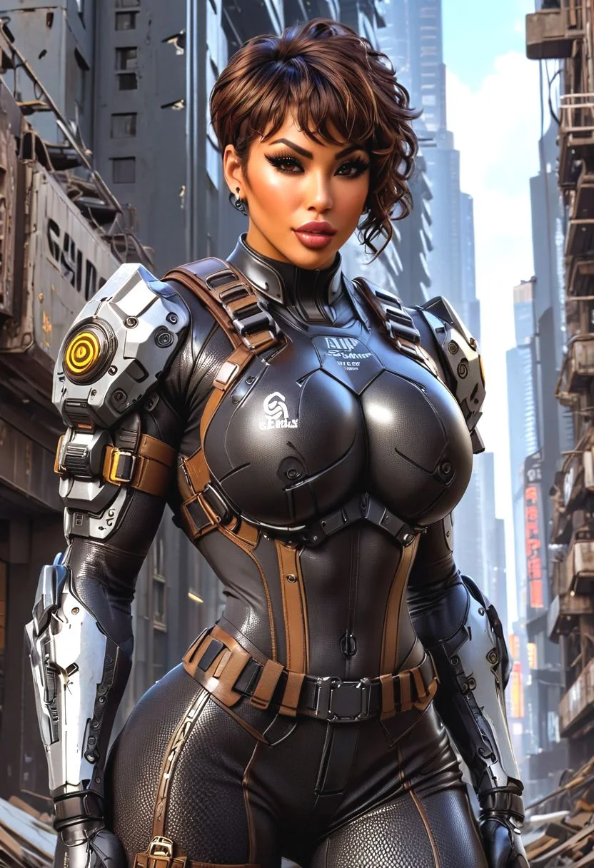 SFW, Masterpiece, intricate details,Ramona Vegas from the Movie Hustlers, Tan skin, golden skin, small, huge boobs, brown eyes, big eyes, dark brown hair, blonde highlights, ((long bang covering one eye)) , Latina woman, high cheeks bones, golden skin, tan skin,) , muscular body, RPCC,GBIH, , ((( curly pixie cut hair))), ((very short hair)), ((sides and back shaved curly on top)), (((dark brown hair))), (((heavy eyeliner))), ((long fake eyelashes)), ((tan skin)), darkskin, thick lips,((bimbo lips)) , RPCC,GBIH, muscular arms, BREAK, cyberpunk bodysuit, , cleavage,(( cyberpunk)), leather pants, (((masterpiece))), ((best quality)), ((intricate detailed)), cyberpunk cloth armor, detailed background, walking in destroyed cyberpunk city, BREAK, Female Bodybuilding Style, massive breasts, no bra, covered nipples, full body view, cameltoe, ais-mechdystopia, ((fishnet bodysuit underneath other clothes)), covered nipples, long sleeves, covered legs, Cyberpunk, muscle_bimbo, cleavage, technobrutalist, catastrophe, ruined, famima, <lora:Bodysuit v13:0.8>, mad-bdyarmr