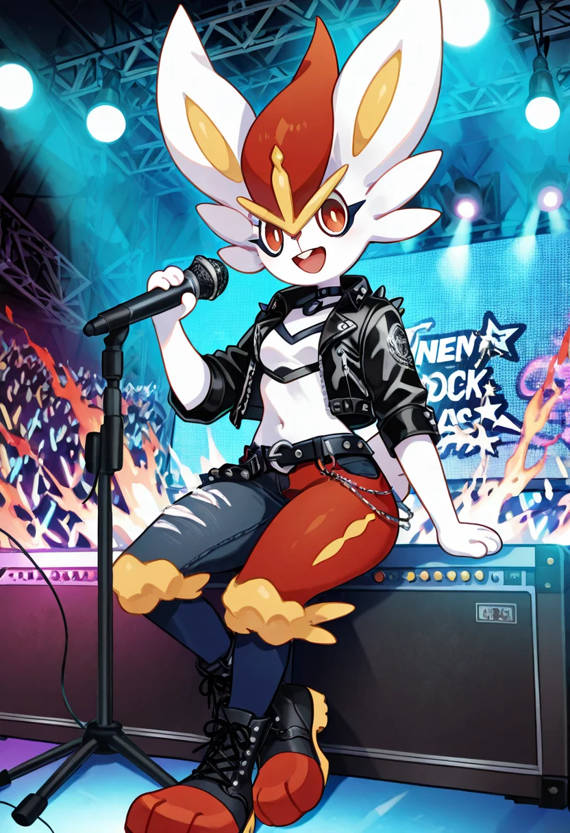 masterpiece, best quality, no humans, smile, looking at viewer, narrow waist, wide hips, sitting,    [Punk Rock Concert], zzCinderace, fiery red fur, sleek body, athletic build, 1girl, solo, studded leather jacket, torn jeans, combat boots, choker, microphone, neon stage lights, crowd â zzCinderace stands at the center of the neon-lit stage, microphone in hand, as the crowd goes wild. Her studded leather jacket, torn jeans, and combat boots add to her edgy look, while her choker glints under the flashing lights. Her fiery red fur seems to glow as she belts out the next song, the energy in the room electric. The stage is alive with movement, and zzCinderace is the heart of the punk rock chaos.  <lora:CinderacePokedex_IXL:1.0>,  C0utur3Cr4z3, <lora:CoutureCraze_IXL:0.6>,