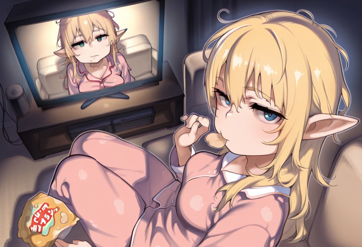 Atte_Nanakusa, elf, blonde, long hair, watching TV, eating chips, messy hair, focused, dark room, illuminated by television, pajamas, couch, sitting on couch, close up, from above, looking at viewer, medium breasts