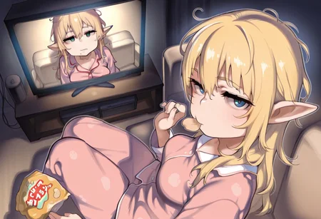 Atte_Nanakusa, elf, blonde, long hair, watching TV, eating chips, messy hair, focused, dark room, illuminated by television, pajamas, couch, sitting on couch, close up, from above, looking at viewer, medium breasts