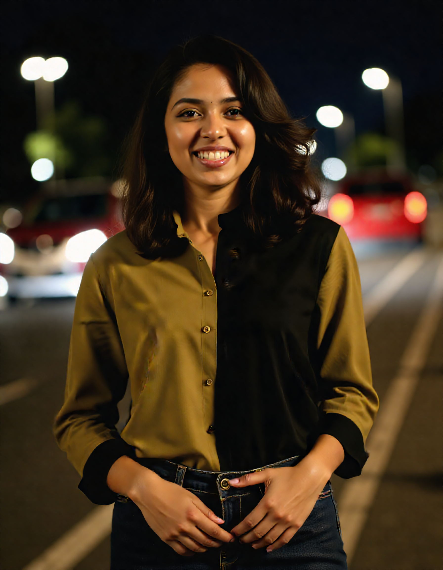 night-time close_up photo of a well dressed desi_light woman, wearing dark-Olive colored Jeans_with_kurta, happy,cat eyes black eyeliner,solo focus, city light in background bokeh <lora:Desi_Coffee_Flux_Kohya_LoHa_v2:0.8>âââ