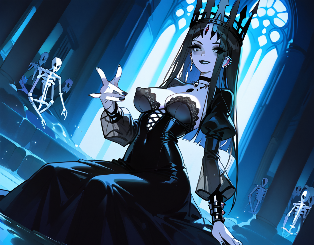 (score_9,score_8_up,score_7_up:1), 1girl, full body, high dutch angle, night lighting, warm smile, (goth, black lipstick, silver jewelry, silver piercings, black mascara, black eyeshadow), <lora:SaggingChest1024_Pony:1> large breasts, erect nipples, puffy nipples,, (toned), skeletal hair,choker, eyeshadow, (etherial soft skin), (straddling object), alien church pew, (long sleeves, puffy sleeves, black dress, lace dress, large crown,), <lora:john:1> john