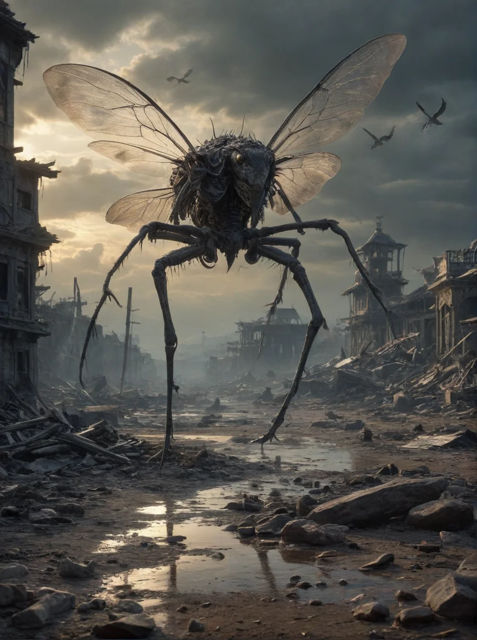digital illustration style in the aftermath of a catastrophic event,the world has been transformed into a desolate wasteland. the few remaining creatures struggle to survive in this harsh new reality. among them is a small,translucent insect with long legs and wings,its body glowing faintly against the darkness. it cautiously makes its way across the barren landscape,searching for any signs of life or sustenance. its surroundings are devoid of color,the only light coming from its own ethereal luminescence. in the distance,the ruins of once great cities stand as silent witnesses to the devastation that has befallen the world. this scene captures the essence of survival in a post apocalyptic world,where every day is a struggle just to stay alive. . vector artwork,digital drawing tools,vibrant color palettes,detailed illustrations
