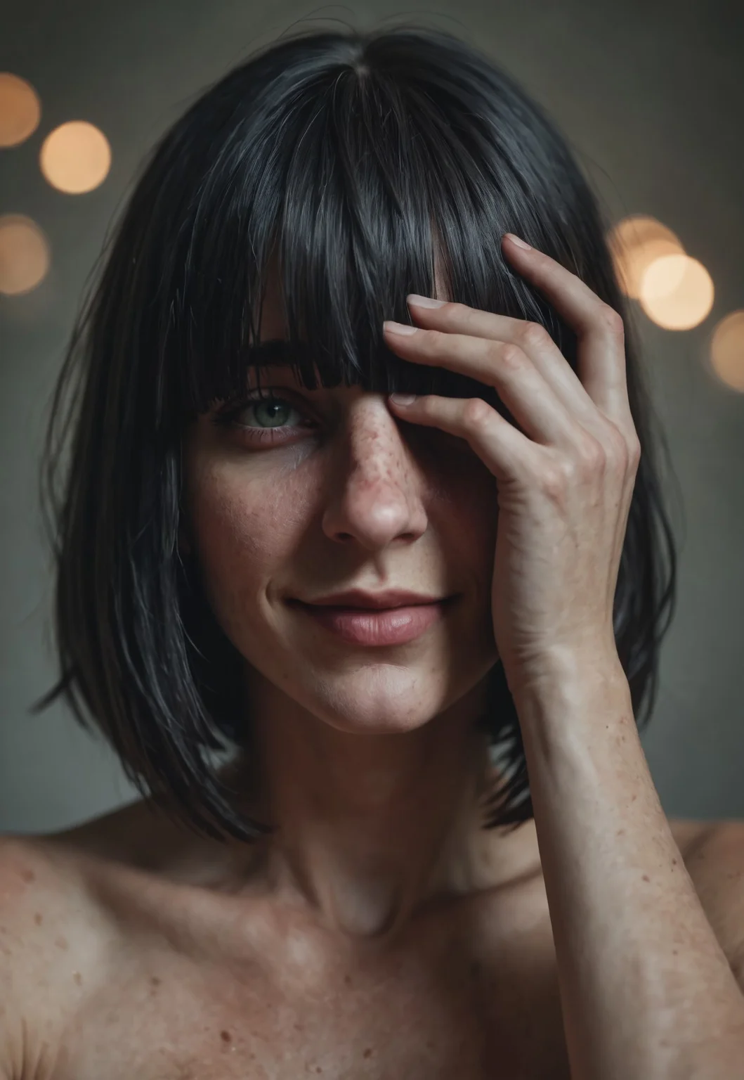 score_9, score_8_up, score_7_up. 1woman, solo, black hair, bob cut, ((long bangs covering face)), (expressive face, expressive body, expressive emotions, dynamic pose, intense gaze, lively eyes, detailed facial expression, engaging presence). small pointy firm breasts, seductive smile, closed mouth. arm across breasts, perfect light, bokeh,