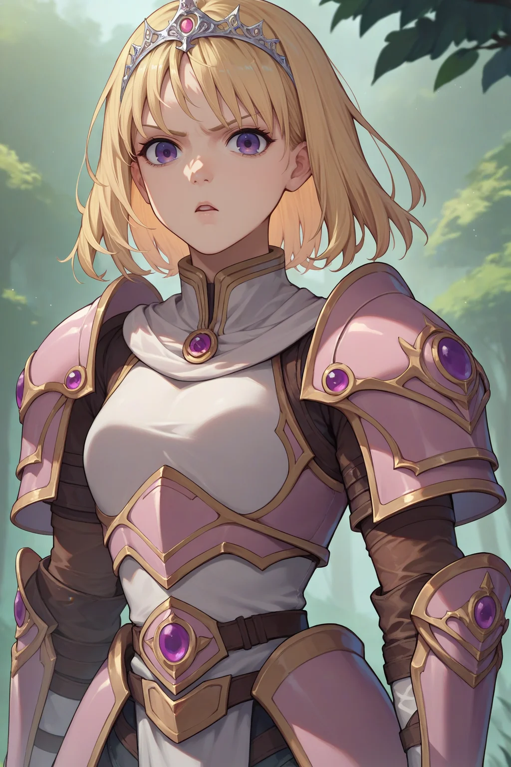 score_9, score_8_up, score_7_up, score_6_up, source_anime, 1girl, solo <lora:yselena-pdxl-nvwls-v1-000005:1> ysElena, blonde hair, medium hair, purple eyes, armor, full armor, looking at you, chestnut mouth, serious, gauntlets, forest, tiara, armored legwear