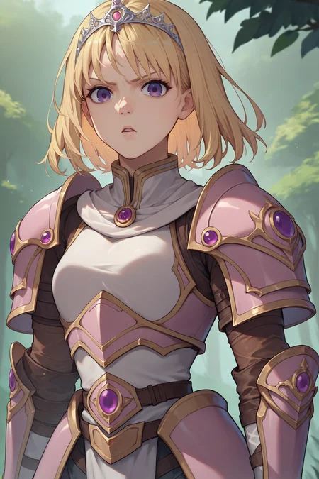 score_9, score_8_up, score_7_up, score_6_up, source_anime, 1girl, solo <lora:yselena-pdxl-nvwls-v1-000005:1> ysElena, blonde hair, medium hair, purple eyes, armor, full armor, looking at you, chestnut mouth, serious, gauntlets, forest, tiara, armored legwear