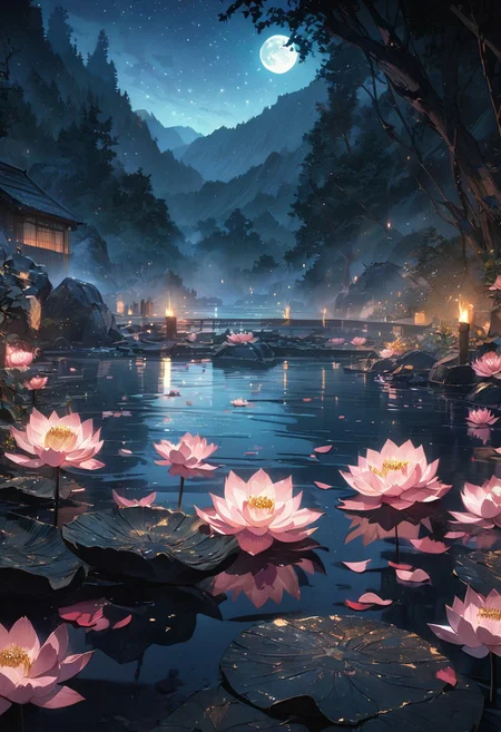 cinematic, (masterpiece), (best quality), (ultra-detailed), very aesthetic, illustration, perfect composition, intricate details, absurdres, (anime, masterpiece, intricate:1.3), (best quality, hires textures, high detail:1.2), (4k),(incredibly detailed:1.4)
hot spring, mist, rocks, Peony, glittery mist, moonlight, sky, lots of stars in the sky, water reflections of the night sky, lotus floating on water with candle, flower petals in the water, moon in the sky, Anime art style, <lora:more_details:0.5>