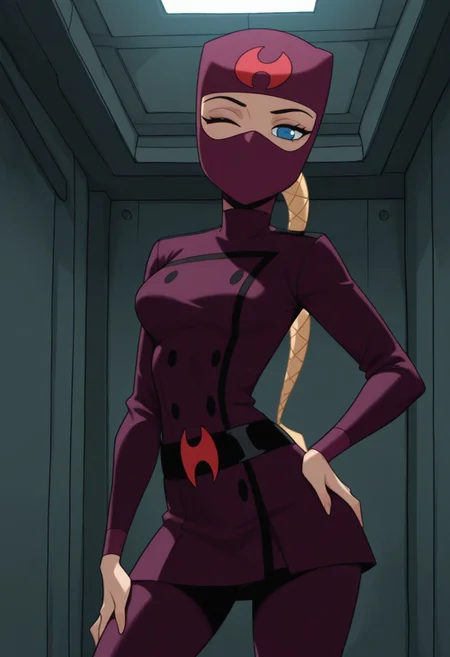 masterpiece, best quality, amazing quality, very aesthetic, absurdres, newest, 1girl, solo, indoors, looking at viewer, HuntsgirlS2, Ninja, Ninja Mask, Dark Purple Mask, Covered Mouth, Covered Head, Forehead Symbol, Blue Eyes, Braided Ponytail, Low Ponytail, Long Ponytail, Blonde Ponytail, Dark Purple Uniform, Waist Belt, cowboy shot, hand on hip, wink, seductive