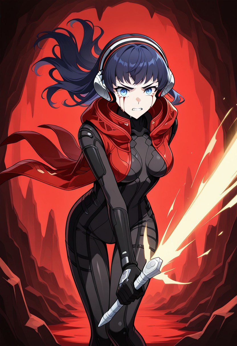 1girl, solo, alexsmtsj, black hair, long hair, blue eyes,bangs, headphones, black bodysuit, red hood, red cape, superaura, super form, yellow aura, aura, red sclera, tears of blood, red tears, holding energy sword, cave interior, red background, dynamic pose, serious, teeth, straight on, facing the viewer,