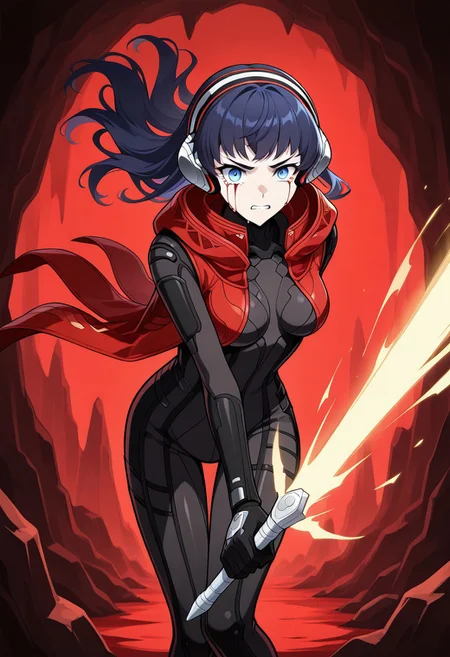 1girl, solo, alexsmtsj, black hair, long hair, blue eyes,bangs, headphones, black bodysuit, red hood, red cape, superaura, super form, yellow aura, aura, red sclera, tears of blood, red tears, holding energy sword, cave interior, red background, dynamic pose, serious, teeth, straight on, facing the viewer,