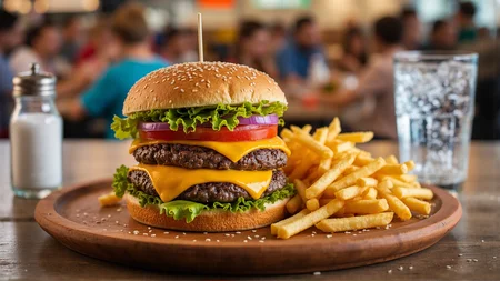 Photo of a delicious meal. A cheeseburger on a wooden plate. 2 meat patties with very molten cheese in between. Topped with a slice of tomato, a slice of onion and on top lettuce. All served in a sesame seed bun. Very crunchy French fries are on the plate with the burger. There are a few sesame seeds on the plate. On the left behind the burger you can see a salt shaker. On the right behind the burger is a glass with bubbling mineral water.
Lighting from 2 sides and softbox flash.
The background is a populated fastfood diner, food photography, mouthwatering dishes, vibrant colors, appetizing presentations, enticing compositions, delicious details, showcasing textures, capturing freshness, professional lighting, expert styling, culinary storytelling, enhancing food appeal