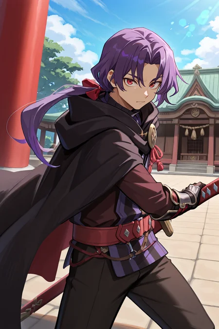 <lora:Battoujutsu_Stance:1> , battoujutsu stance, sheathed, sheath, sword, <lora:RussellIL:0.8> , rusdef, 1boy, red eyes, purple hair, long hair, ponytail, low ponytail, hair ribbon, black cloak, cape, striped tunic, tunic, belt, black pants, gauntlets, looking at viewer, cowboy shot, temple, exterior, day, masterpiece, very aesthetic, absurdres, best quality, amazing quality, high resolution, <lora:illustrious_quality_modifiers_masterpieces_v1:0.8> , <lora:ChamIllustriousBackgroundEnhancer:0.5>, solo,