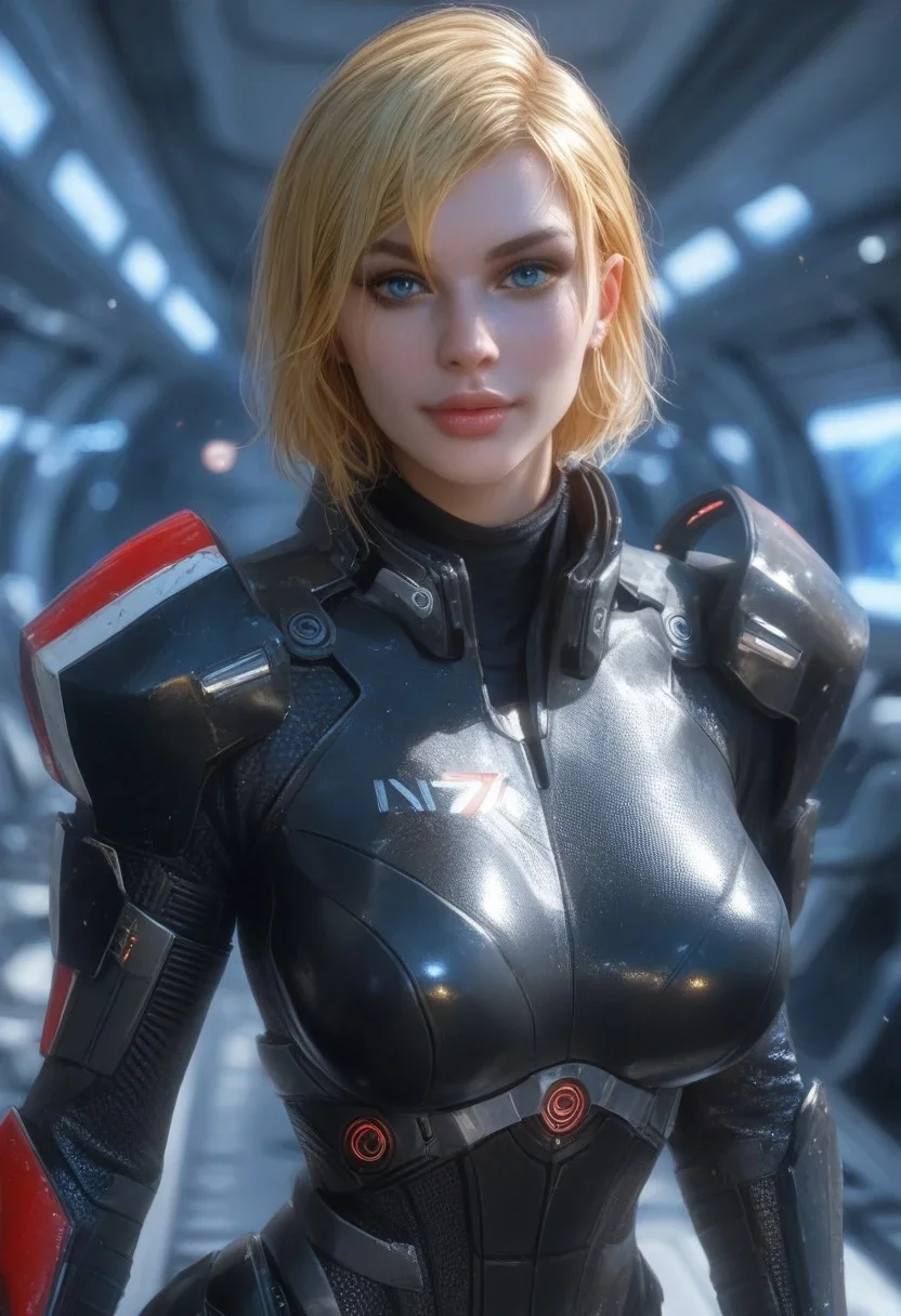score_9, score_8_up, score_7_up, score_6_up, score_5_up, 1girl, blonde hair, bobcut, blue eyes, busty, seductive smile, looking at the viewer, Expressiveh, realistic, femshepxl, black power armor, N7, full bodysuit, armor, alone, clean spaceship, futuristic