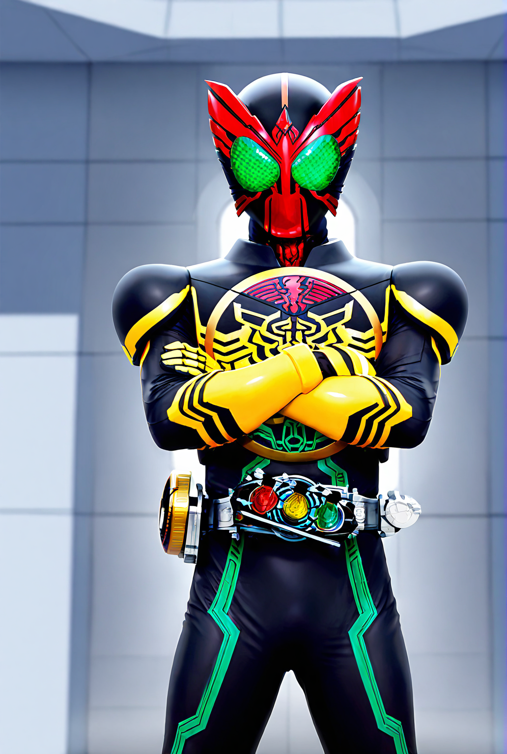 very awe,aesthetically pleasing,masterpiece,best quality,amazing quality,very aesthetic,ultra-detailed,high resolution,8k,1boy,solo,cowboy shot,male focus,detailed face,armor,belt,tokusatsu,bodysuit,helmet,rider belt,black bodysuit,standing,crossed arms,looking at viewer,<lora:Kamen Rider ooo:0.8>,kamen rider 000,