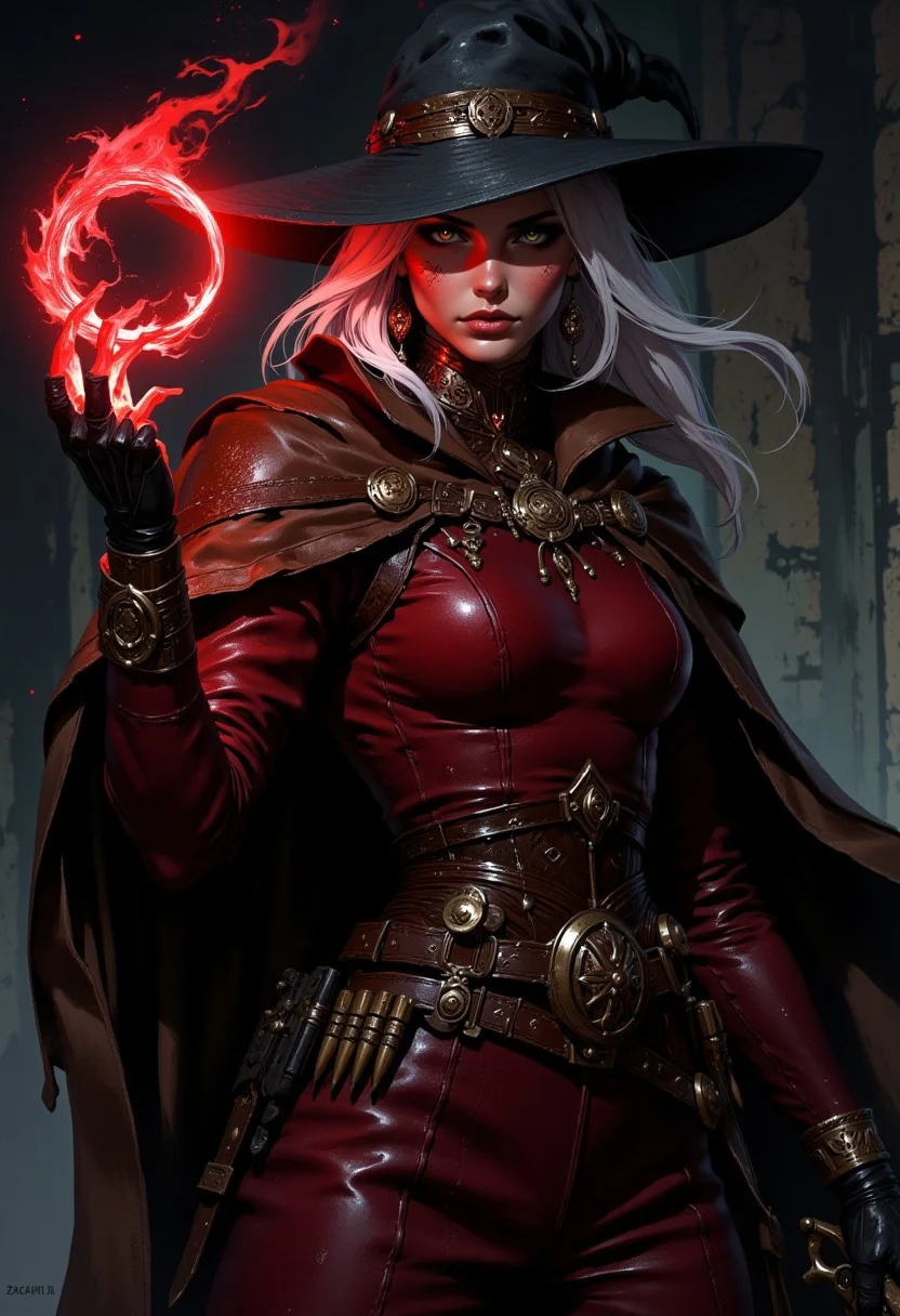 "A female witch hunter, white hair, Green eyes, dressed in red suit leather clothing with a holster, protection necklace ,ammunition belt, coldre, and a black Pilgrim hat, intense and focused eyes, mature. Brown Cape and a flintlock revolver in hand and red eletric alquemic circle in other hand"