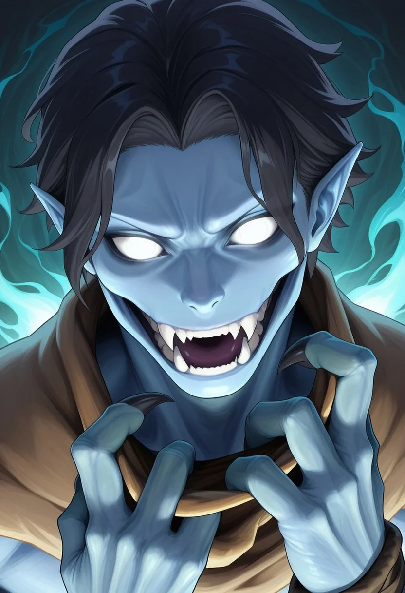 AMAZING QUALITY, MASTERPIECE, 1BOY, PORTRAIT, RAZIEL, POINTY EARS, BLUE SKIN, BLACK HAIR, WHITE EYES, CLOTH PULL, CLAWS, JAWLESS, FANGS, SPIRIT REALM,