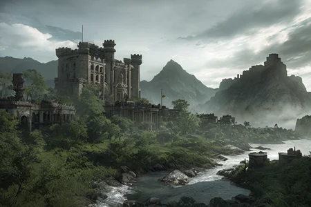 cliff, mountain range with a castle in the distance, style_tombraider