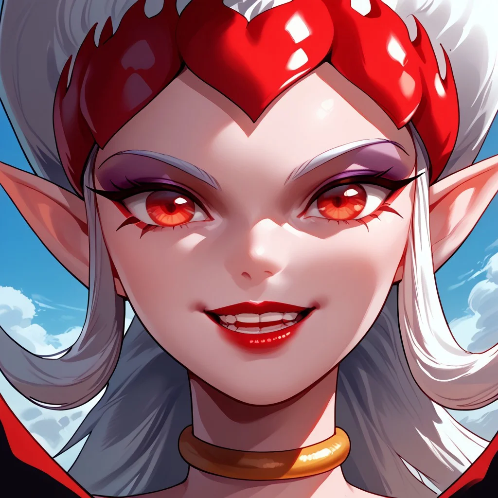 score_9,score_8_up,score_7_up, dark phoebe, 1girl, solo, looking at viewer, smile, open mouth, bangs, red eyes, white hair, sky, teeth, choker, pointy ears, makeup, lipstick, portrait, close-up, red lips