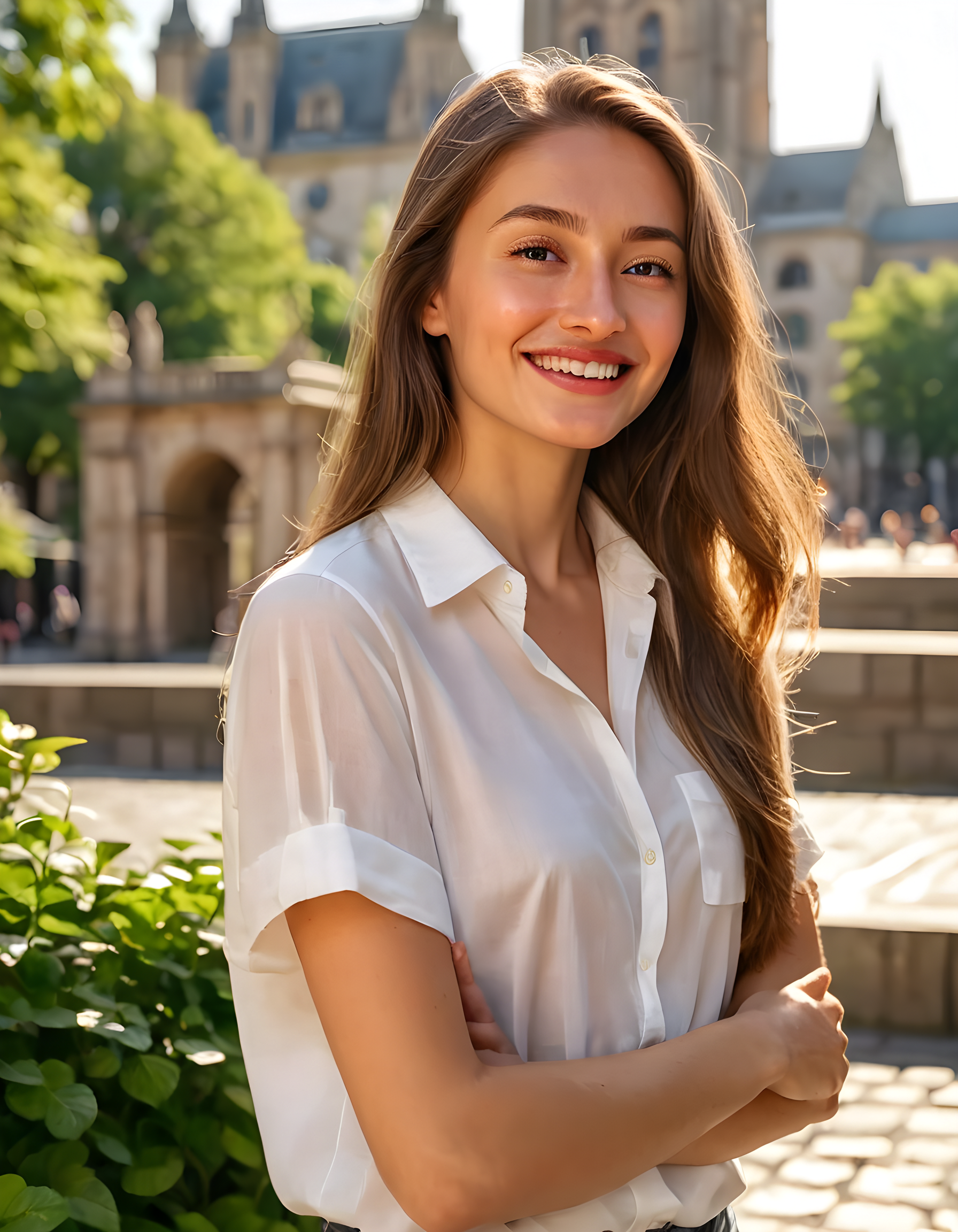 In a bustling, sunlit city square bathed in the golden glow of afternoon light, Miacollinsss, a radiant woman with long brown hair cascading over her shoulders and a charming mole near her left lip, wears a crisp white shirt that complements her warm complexion. Standing confidently with a slight tilt to one side, she offers a closed-mouth smile that hints at a secret joke, her gaze locked onto the viewer as if sharing an intimate moment in this otherwise simple background of stone architecture and verdant city greenery.