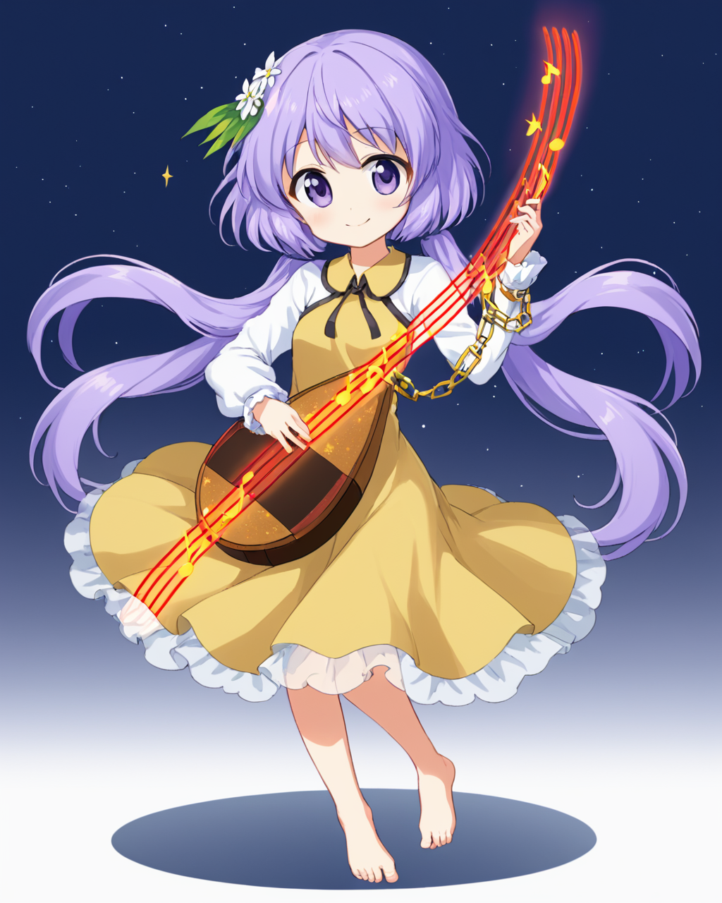 tsukumo benben,1girl, lute_\(instrument\), biwa_lute, solo, barefoot, hair_flower, dress, smile, twintails, staff_\(music\), chain, quarter_note, eighth_note, looking_at_viewer, long_sleeves, beamed_eighth_notes, playing_instrument
<lora:tsukumo_benben_image916_2023-12-20-000015:1>,star-shaped_pupils,symbol-shaped_pupils,. gorgeous,key visual, vibrant, studio anime,award-winning, professional, highly detailed,high budget, cinemascope