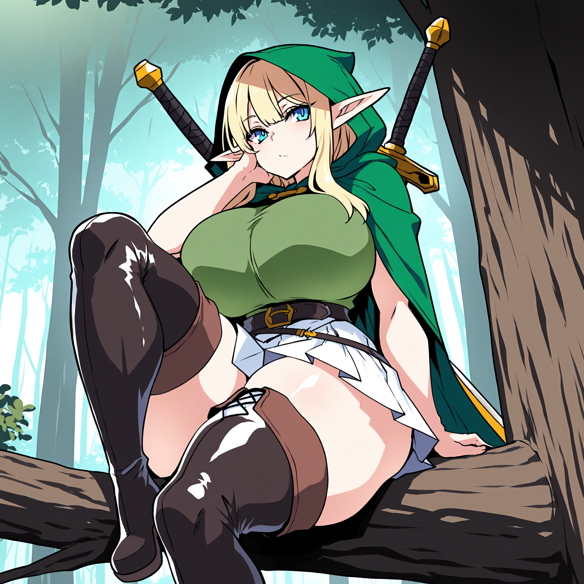 (masterpiece), best quality, (highly detailed), 1female, solo, forest, sitting on tree limb, elf, blonde hair, blue eyes, green hood, hood on, white skirt, big breasts, green shirt, thigh boots, leather boots, sword on back, thick thighs, hand on cheek,<lora:Lazy_Ant_style_Illustrious:0.8>,
