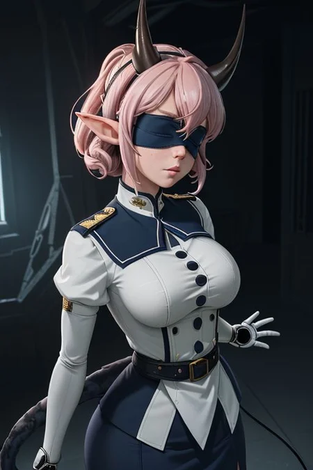 (8k uhd, masterpiece, best quality, high quality, ultra-detailed, oda non, zfuta, futanari), futuristic large dark room, no windows, walls obscured by darkness, single woman center frame, proud posture, look straight ahead, ((Elf ears, small curled horns, blindfold, mechanical arms, bushy tail)), futuristic functional blue and white military service uniform, white button up blouse, blue crop jacket, white short pencil skirt, high heels, (((big tits, heavy tits, saggy tits))), medium length hair, mess ponytail, light pink hair, light freckles, light from above, dramatic lighting