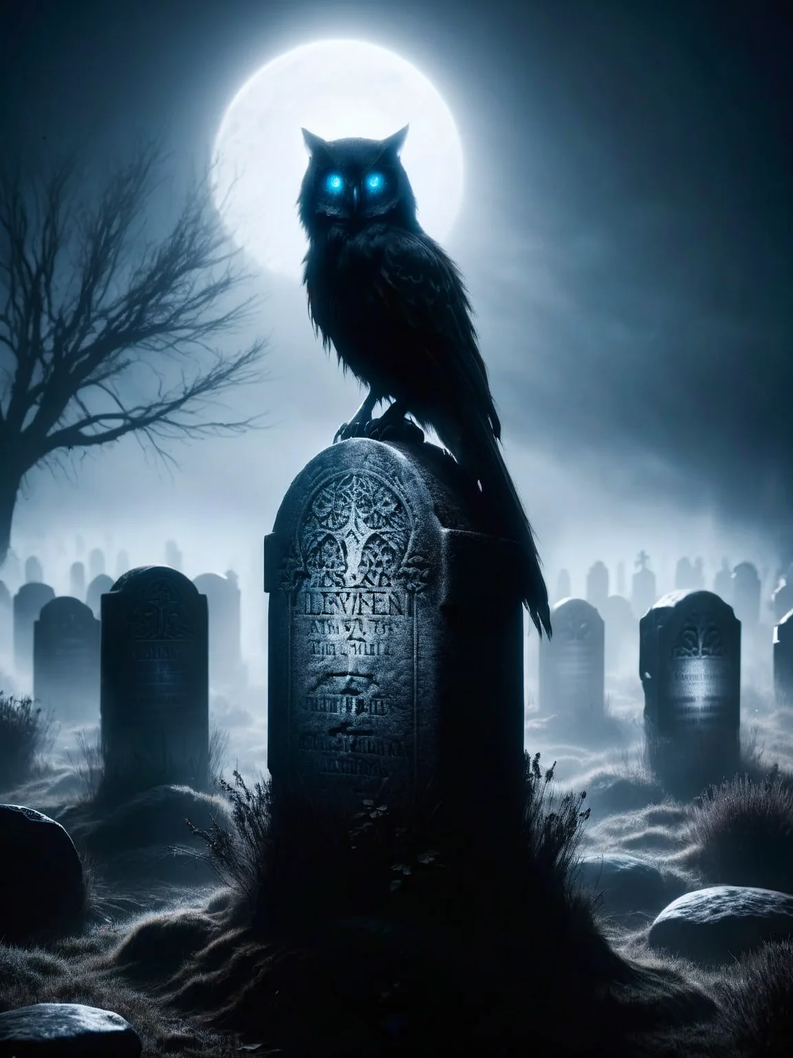 A lone ais-crsdraven perched atop an ancient gravestone, its eyes reflecting the last light of a dying day. <lora:ais-crsd-sdxl:1>