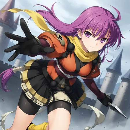 <lora:Kentou_Kanami_1_nai-000084:0.95>,Kentou Kanami,braid,
japanese clothes,gloves,skirt,scarf,yellow socks,bike shorts under skirt,black shorts,
1girl,solo,holding weapon,kunai,angry,serious,castle,looking_at_viewer,depth of field,reaching towards viewer,