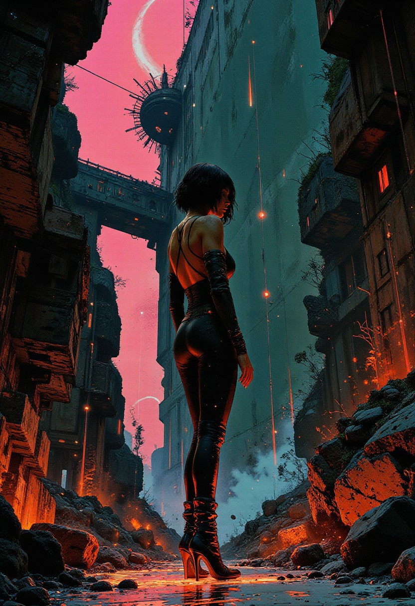 (pingtu style, illustration-fen, niji, gothic, erotic, anime):(Highly detailed:1.3, digital drawn illustration:1.3) A solo adult woman with short, sharply angled black bob cut stands in a poised and assertive stance. Her physique is statuesque and athletic, with sculpted curves and large, natural breasts emphasized by the sleek contours of her skin-tight Jean Grey costume, detailed with subtle textures, segmented patterns, and metallic threading. The luminous multicolors floor beneath her pulses with shifting hues—neon pinks, blues, oranges, and greens—casting soft glows along her boots and outlining her silhouette. Behind her, intricate fractal rocks and crystalline boulders rise in chaotic formations, some hovering mid-air with impossible geometry. Interwoven throughout the scene, glowing dots and thin, radiant lines curve and spiral, forming hypnotic optical illusions that distort perception, suggesting warps in space. The ambient lighting reflects subtly off her costume and the terrain, tying all elements into a harmonized, visually coherent composition that balances depth, color, and surreal design.