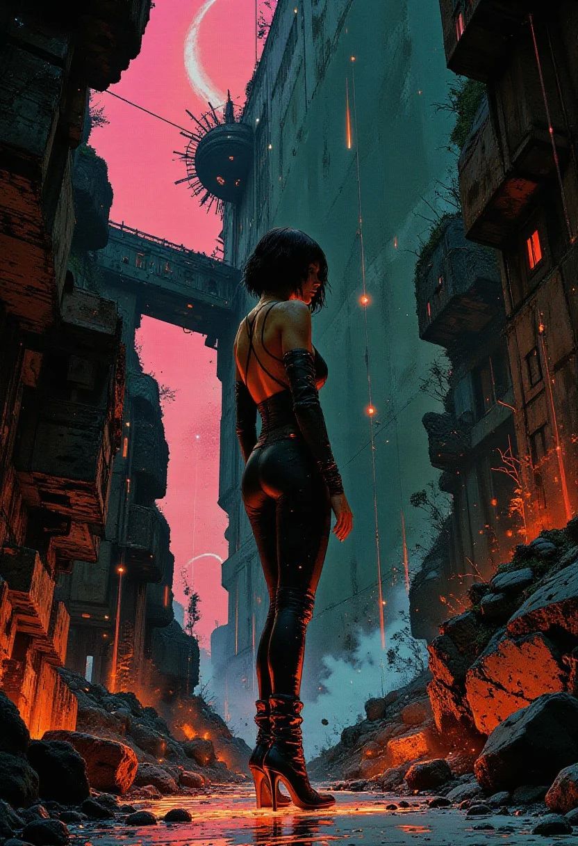 (pingtu style, illustration-fen, niji, gothic, erotic, anime):(Highly detailed:1.3, digital drawn illustration:1.3) A solo adult woman with short, sharply angled black bob cut stands in a poised and assertive stance. Her physique is statuesque and athletic, with sculpted curves and large, natural breasts emphasized by the sleek contours of her skin-tight Jean Grey costume, detailed with subtle textures, segmented patterns, and metallic threading. The luminous multicolors floor beneath her pulses with shifting hues—neon pinks, blues, oranges, and greens—casting soft glows along her boots and outlining her silhouette. Behind her, intricate fractal rocks and crystalline boulders rise in chaotic formations, some hovering mid-air with impossible geometry. Interwoven throughout the scene, glowing dots and thin, radiant lines curve and spiral, forming hypnotic optical illusions that distort perception, suggesting warps in space. The ambient lighting reflects subtly off her costume and the terrain, tying all elements into a harmonized, visually coherent composition that balances depth, color, and surreal design.