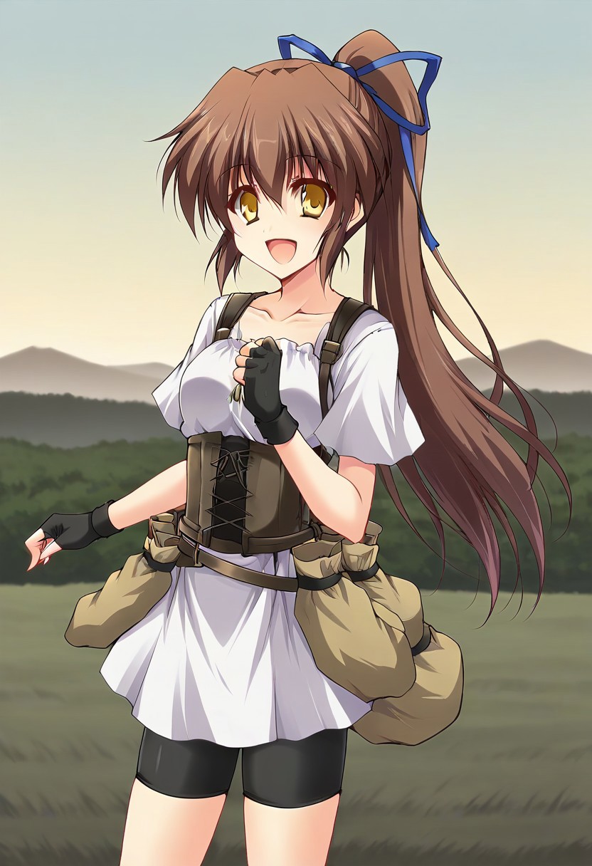 1girl, solo, aishabaronyryou, brown hair, ponytail, hair ribbon, yellow eyes, shirt, short sleeves, corset, bike shorts, fingerless gloves, pouch, bag, standing, outdoors, smile, open mouth, looking at viewer