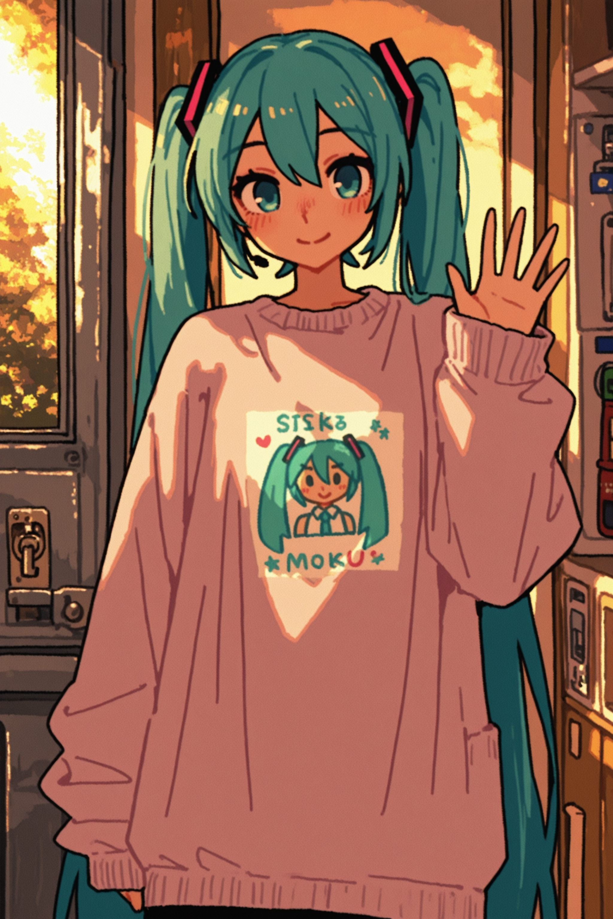 masterpiece, best quality, absurdres, safe
1girl, waving, smile, hatsune miku, 
<lora:t_oo_r_oo_style_il_1_d16:1>