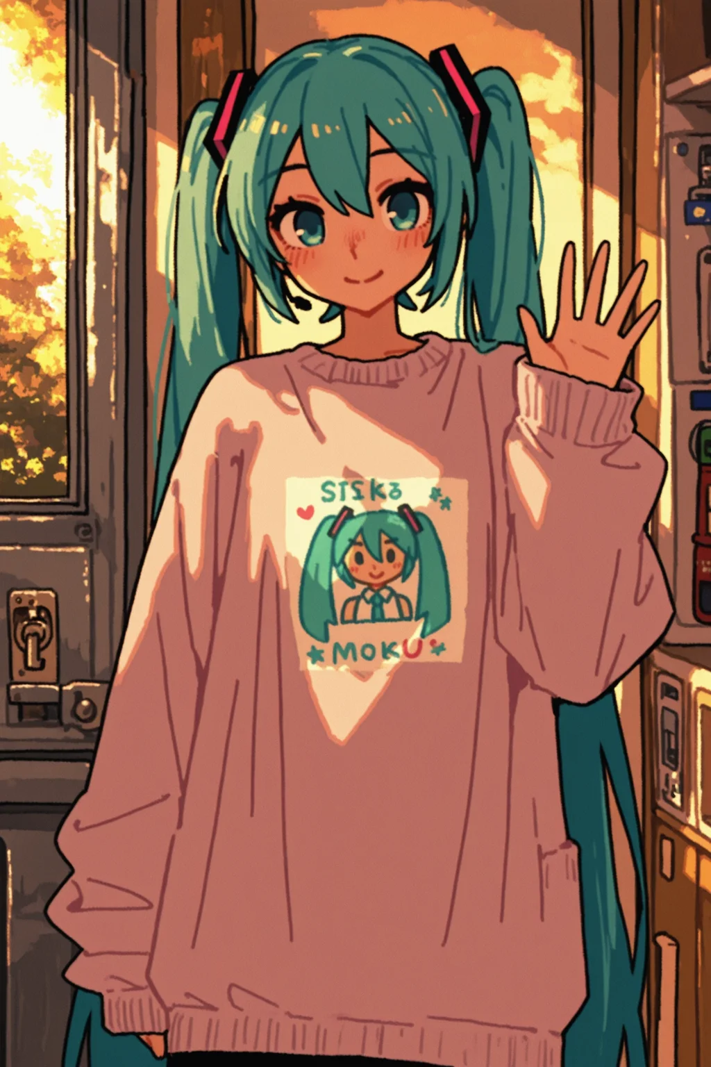 masterpiece, best quality, absurdres, safe
1girl, waving, smile, hatsune miku, 
<lora:t_oo_r_oo_style_il_1_d16:1>