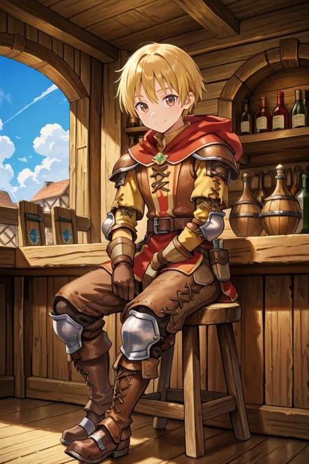 <lora:Canaan:0.9> , CaDef, solo, 1boy, brown eyes, short hair, blonde hair, red hood, hood down, shoulder pads, elbow pads, armor,  brown pants, capri pants, brown armor, cross-laced clothes, yellow sleeves, brown gloves, gloves, armored boots, brown boots, boots, full body, sitting, smile, closed mouth, tavern, bar, wine shelves, wooden countertop, windows, interior, clouds, tavern room, adventurer's guild, sitting, bar stool, medieval fantasy, looking at viewer,  solo, masterpiece, very aesthetic, absurdres, best quality, amazing quality, high resolution, detailed background, <lora:illustrious_quality_modifiers_masterpieces_v1:0.8> , <lora:ChamIllustriousBackgroundEnhancer:0.5>