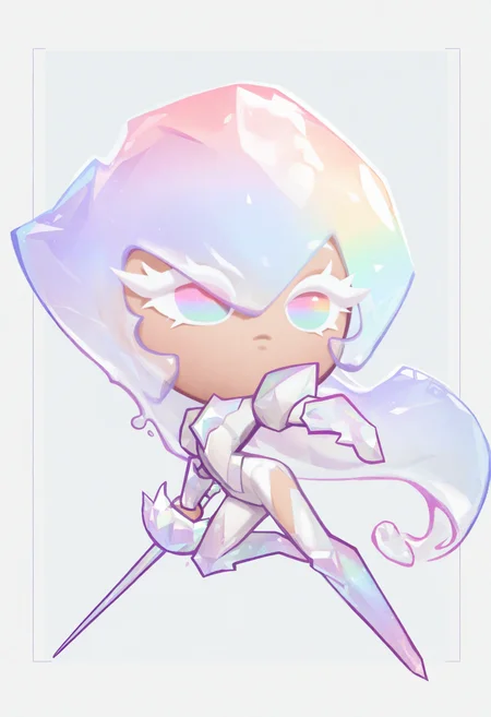 masterpiece,best quality,amazing quality,
crk1styl111,<lora:lycoris:1>,(chibi:1.4),colored eyelashes,white eyelashes,dynamic pose,solo,full body,simple background,(rainbow theme:1.1),(crystal:1.1),helmet,armor,
girl,liquid hair,(crystal girl:1.1),long hair,pastel colors,border,holding rapier,hair over eyes,rainbow eyes,shield,