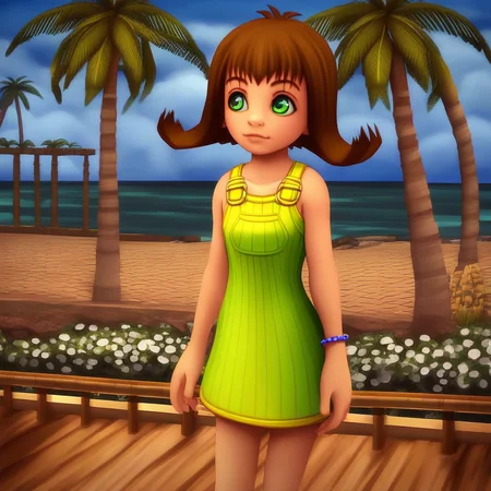 score_9, solo, selphie_kh, brown hair, short hair, green eyes, dress. bracelet, standing, cute, palm tree, outdoors, natural lighting