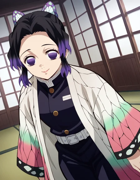 score_9, score_8_up, score_7_up, source_anime,
shinobukochou, <lora:shinobu-kochou-anime-ponyxl-lora-nochekaiser:1>,
shinobu kochou, animal print, black hair, butterfly, butterfly hair ornament, butterfly print, forehead, gradient hair, hair ornament, haori, multicolored hair, parted bangs, purple hair, short hair, two-tone hair,
belt, black pants, butterfly print, coat, demon slayer uniform, haori, japanese clothes, pants, uniform,
indoors, dojo, bent over, smile,
solo, dutch angle, looking at viewer, cowboy shot,